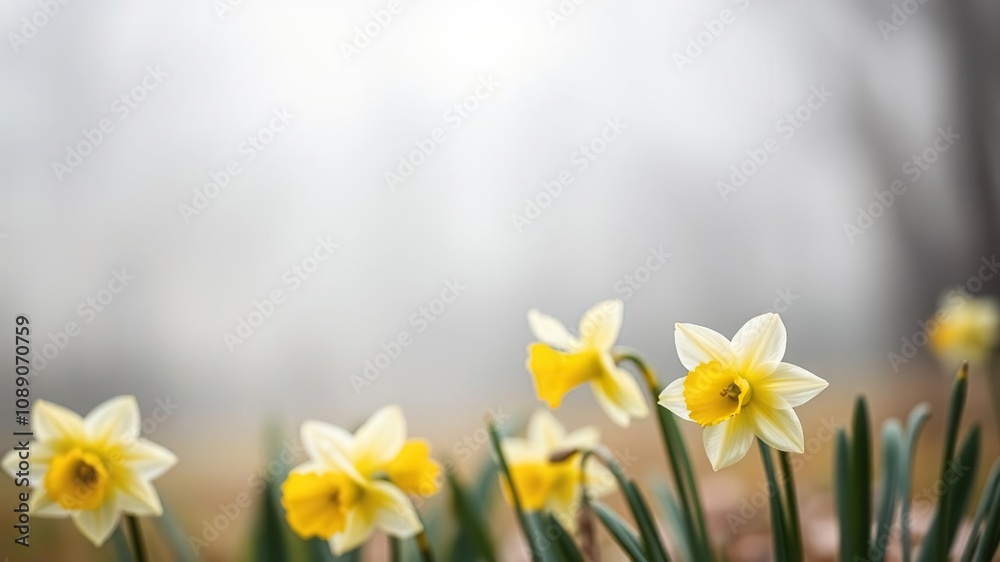 Obraz premium daffodils blooming in a soft focus landscape, green stem movement, blurred background, flower field