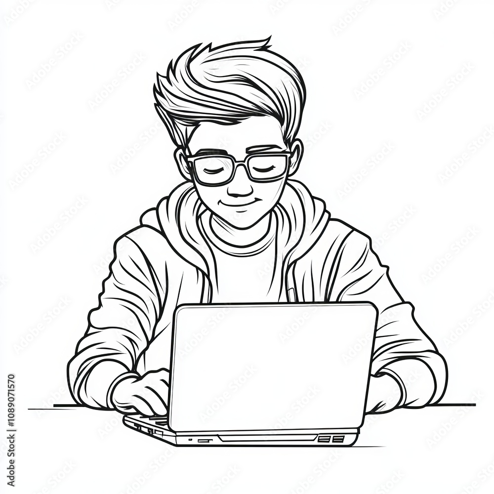 Focused Young Person Working on Laptop - A Detailed Line Art Illustration Focused Young Person Working on Laptop - A Detailed Line Art Illustration