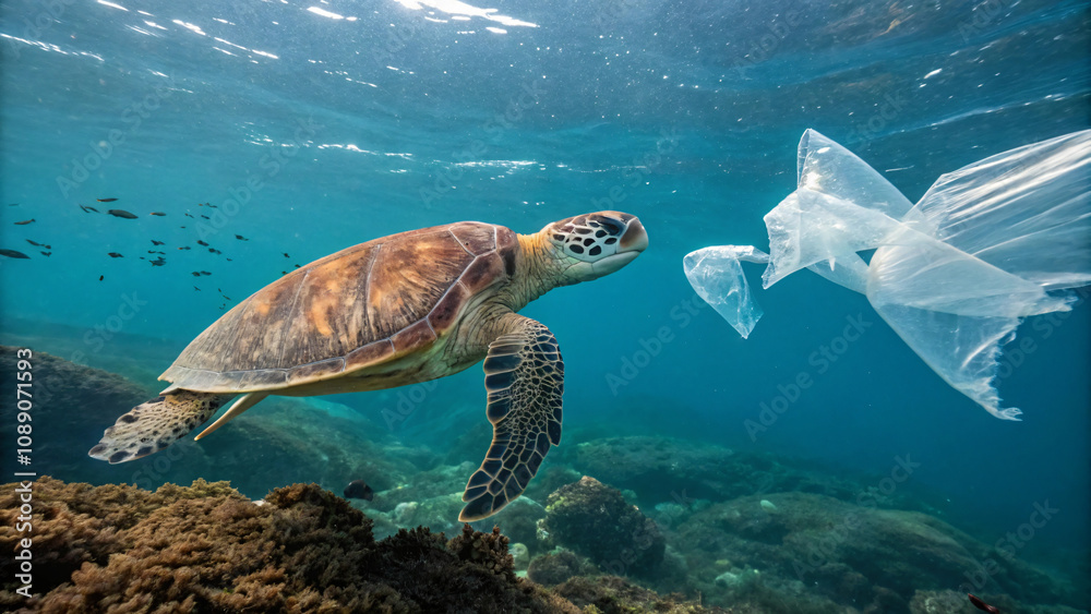 Obraz premium sea turtle swims gracefully through clear waters, encountering plastic pollution. This highlights impact of human waste on marine life and urgent need for environmental protection