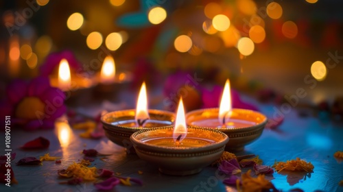 Oil lamps or diyas illuminating colorful flower petals during diwali festival celebration