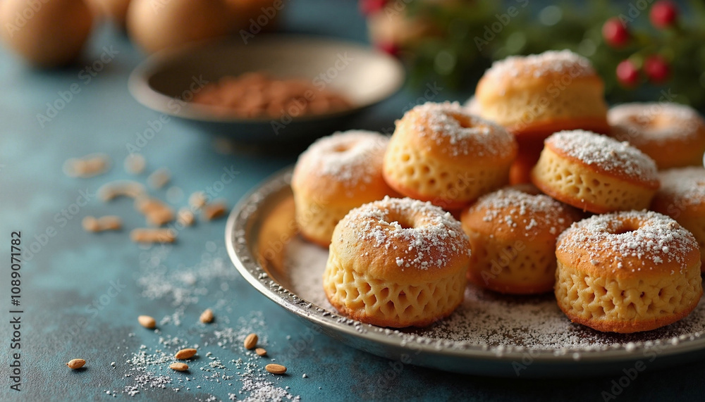 Homemade Butter Cookies Dusted with Sugar on Rustic Plate Against Festive Background Homemade Butter Cookies Dusted with Sugar on Rustic Plate Against Festive Background