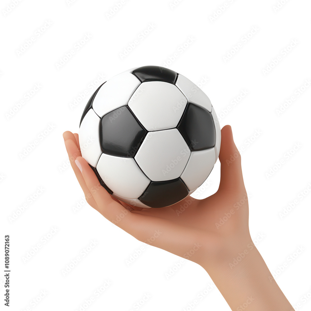 A hand holding a soccer ball with a black and white pattern. on transparent cutout, PNG file A hand holding a soccer ball with a black and white pattern. on transparent cutout, PNG file