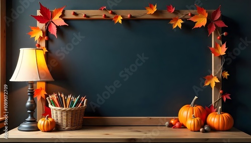 Autumn-themed still life with a blank chalkboard, pumpkins, and colorful pencils. photo