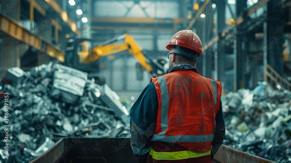 A worker in safety gear observes a recycling facility filled with metal scraps and heavy machinery. A worker in safety gear observes a recycling facility filled with metal scraps and heavy machinery.
