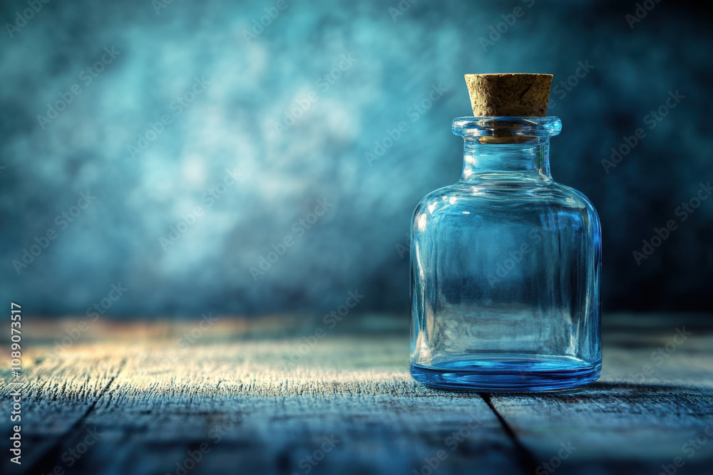 Empty glass bottle with cork on a wooden surface, set against a moody blue background with subtle lighting. Empty glass bottle with cork on a wooden surface, set against a moody blue background with subtle lighting.
