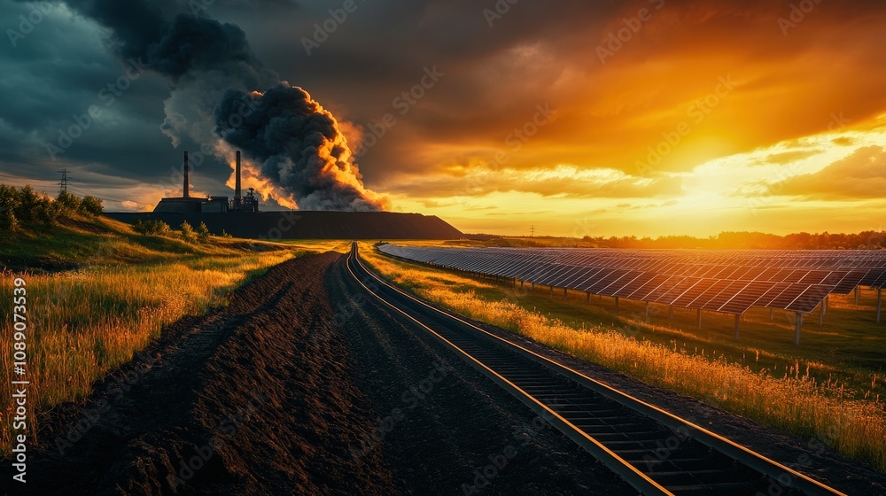Time-lapse image of coal mines transforming into solar fields, showcasing renewable adoption