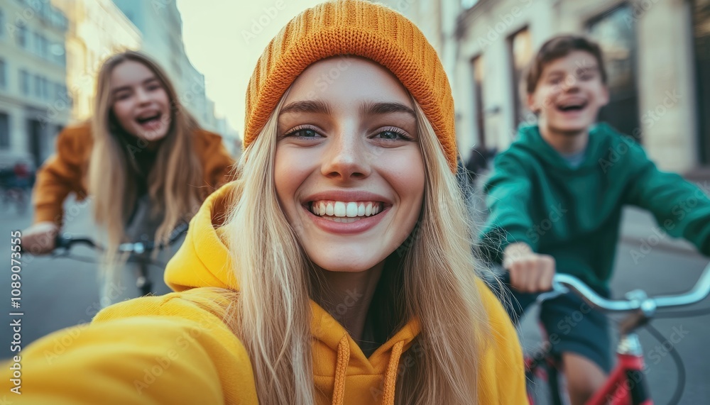 A young girl in yellow takes a selfie with her friends on the street. They ride bicycles and have fun, smiling happily. A young girl in yellow takes a selfie with her friends on the street. They ride bicycles and have fun, smiling happily.
