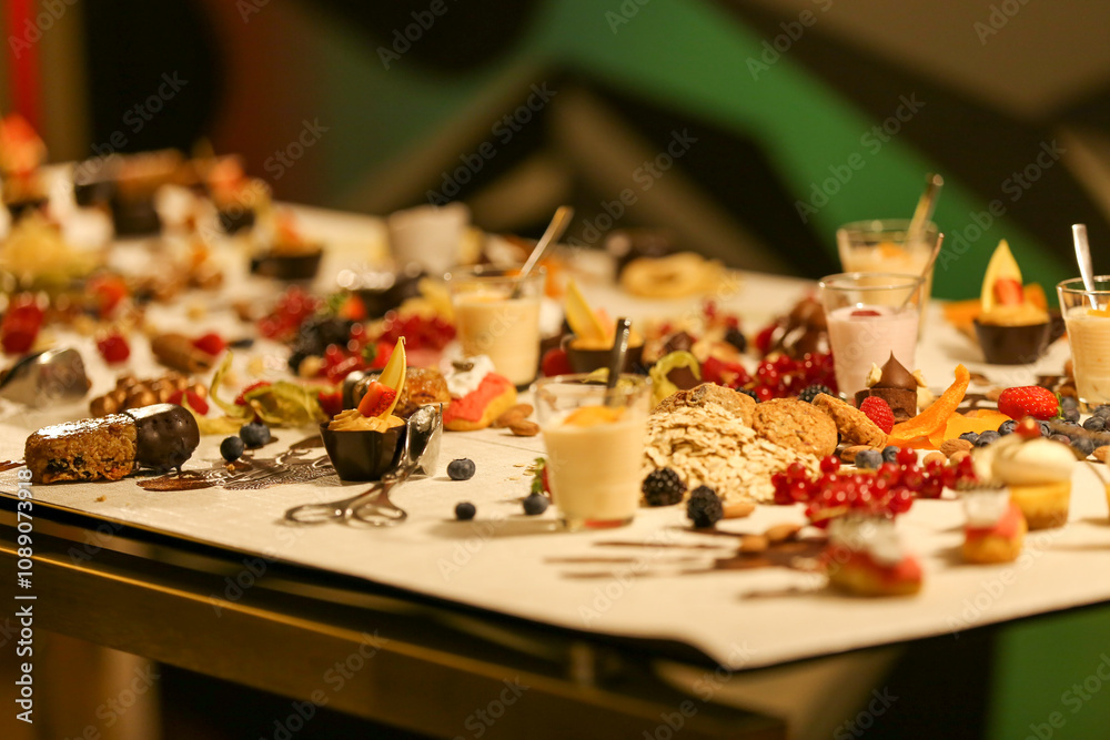 Elegant dessert buffet with an assortment of gourmet treats, including cakes, pastries, and fruits, beautifully displayed on a table, perfect for weddings, events, and celebrations. Elegant dessert buffet with an assortment of gourmet treats, including cakes, pastries, and fruits, beautifully displayed on a table, perfect for weddings, events, and celebrations.