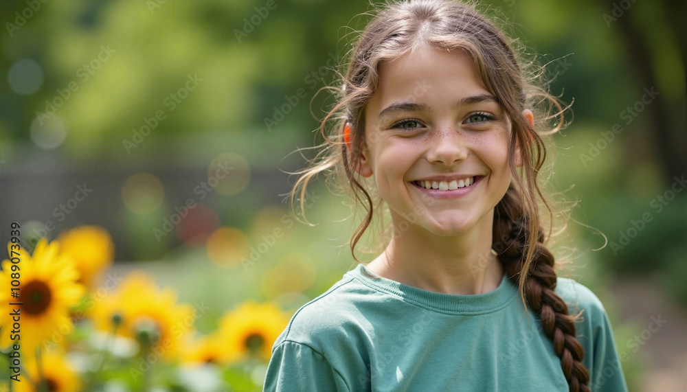 Smiling girl with bright expression enjoying nature against sunflower background