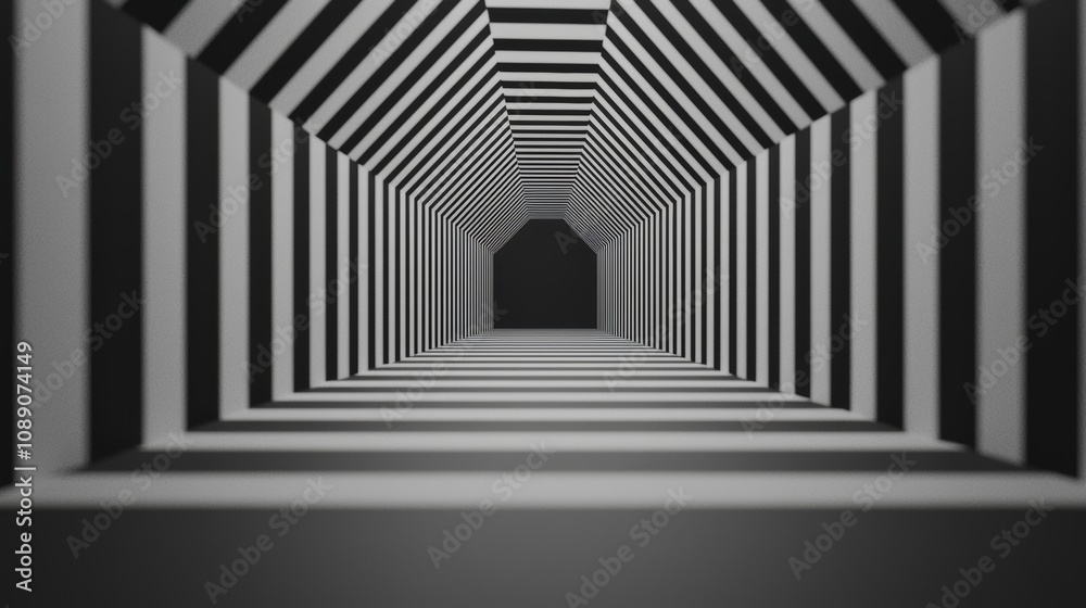 A black-and-white geometric tunnel creates a mesmerizing perspective, featuring repetitive patterns and depth. A black-and-white geometric tunnel creates a mesmerizing perspective, featuring repetitive patterns and depth.