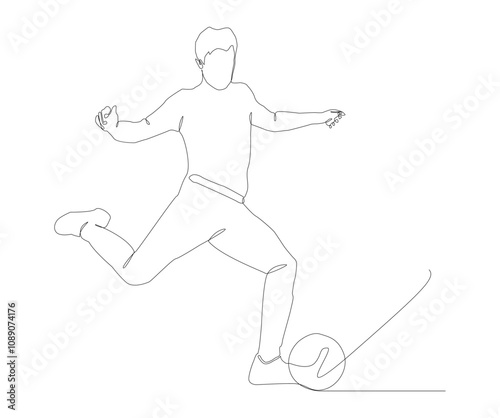 continuous line drawing of man kicking ball, celebration, document, application, website, web, mobile app, printing, banner, logo, poster design, etc. white background