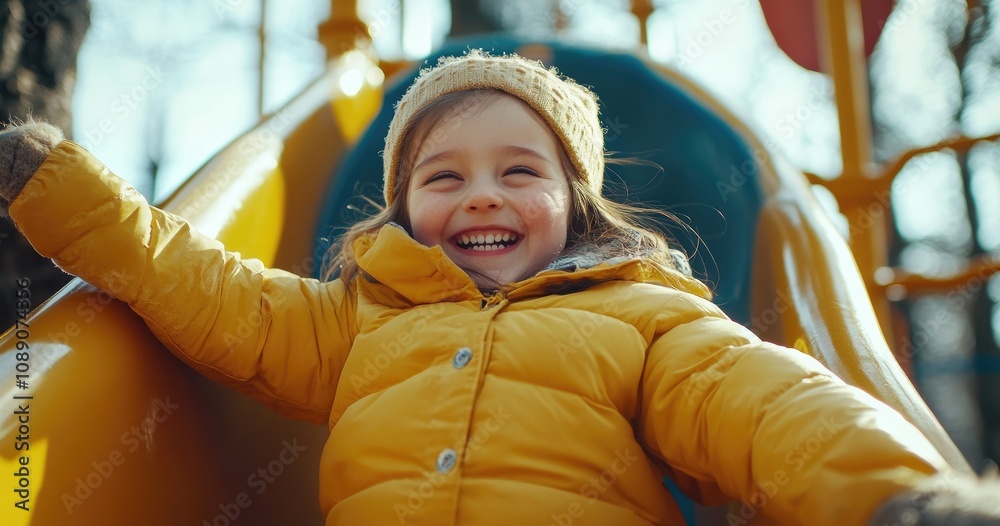 A cute little girl is sliding down the slide on her playground, wearing yellow winter and smiling happily at the camera. A cute little girl is sliding down the slide on her playground, wearing yellow winter and smiling happily at the camera.
