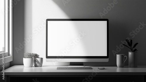 Black and white desktop screen on a table with plant and a cup. Monochrome desktop screen copy space mock up for designers. Minimalistic cozy workplace. Black and white image.