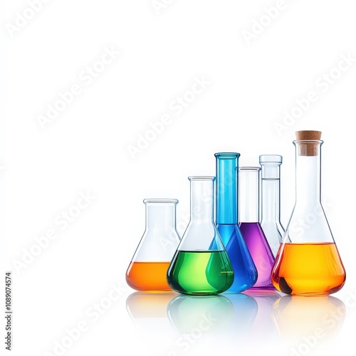Glassware setup with colorful chemicals, ready for an experiment in a chemistry lab