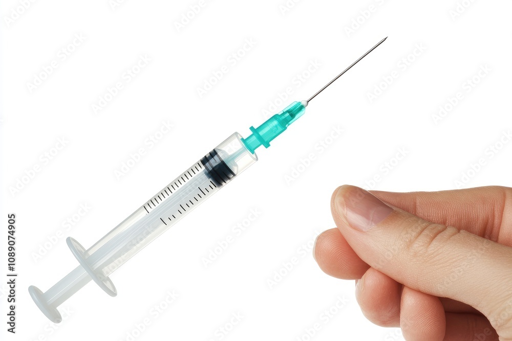 Doctor hand holding empty syringe on white background Doctor hand holding empty syringe on white background