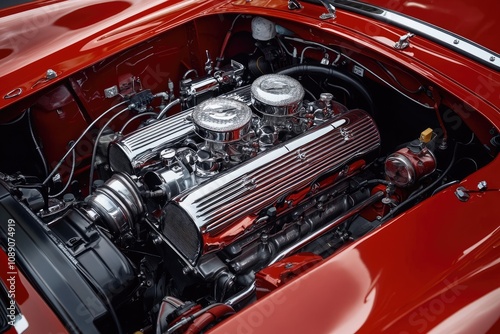 Powerful chrome engine showing pistons and supercharger in red car