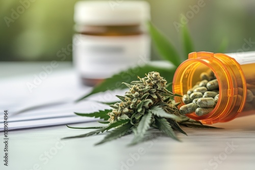 Medical cannabis buds and pills with prescription bottle on doctor desk photo