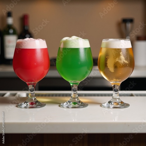 Three-colored cocktails lined up together photo