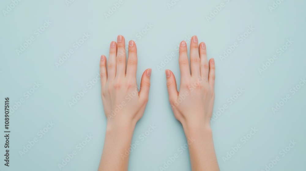 A pair of hands resting on a light blue surface, showcasing a natural and relaxed posture. A pair of hands resting on a light blue surface, showcasing a natural and relaxed posture.