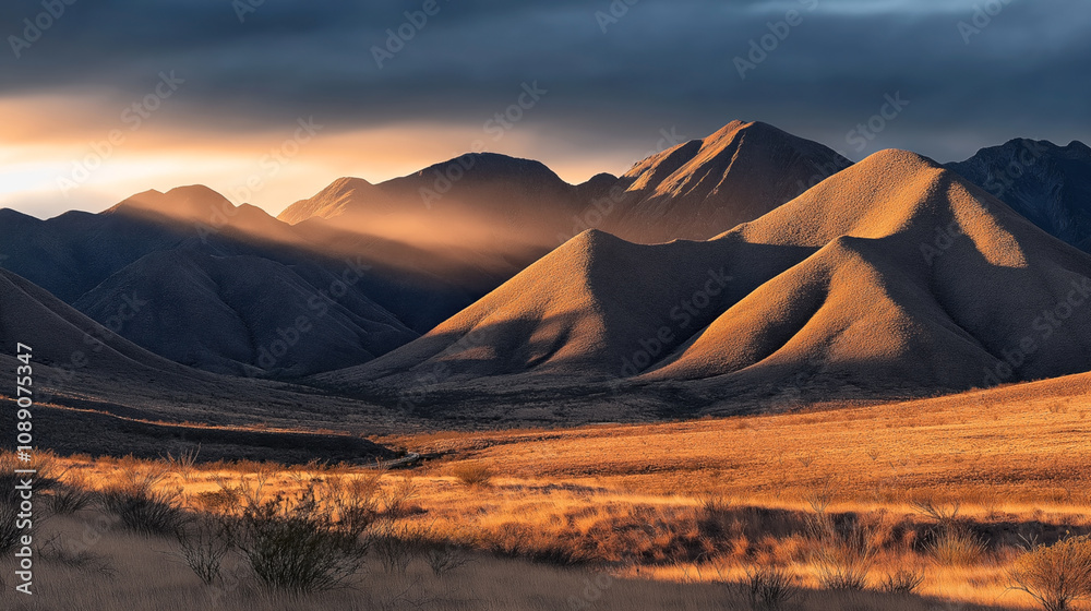 Naklejka premium Scenic view of sunlit mountain range at sunset with dramatic sky and vast desert landscape