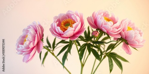 Beautiful peony flowers in full bloom against a soft pastel background, botanical prints, pastel colors