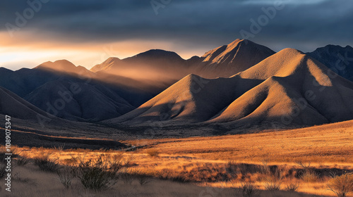 Scenic view of sunlit mountain range at sunset with dramatic sky and vast desert landscape