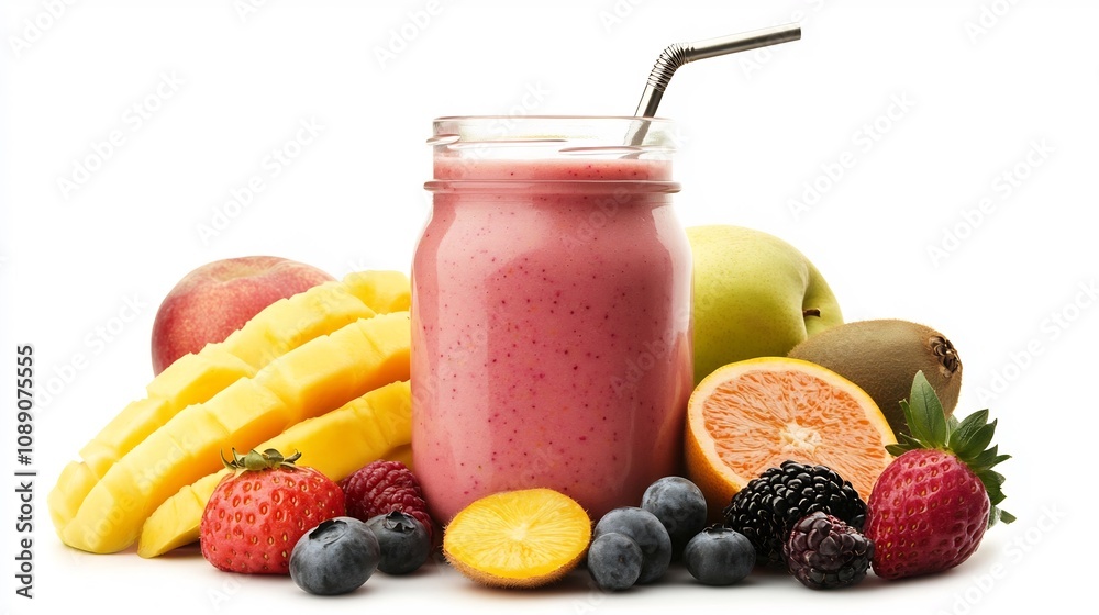 Freshly Blended Smoothie In A Glass Jar With Vibrant Fruits And Berries On White Background Freshly Blended Smoothie In A Glass Jar With Vibrant Fruits And Berries On White Background
