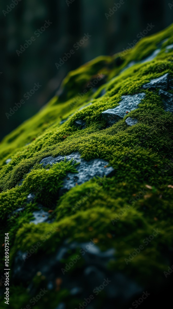 Lush green moss blankets a rocky surface in a forest setting during the afternoon