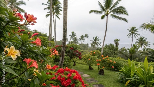 Exotic flowers blooming in a tropical garden amidst palm trees and hibiscus plants, nature scene, exotic flowers, Hawaiian landscape, palm trees, hibiscus