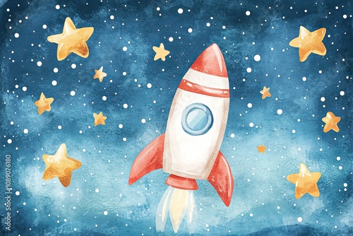 Watercolor  illustration lullaby theme, A colorful rocket soaring through a starry night sky, surrounded by twinkling stars and a deep blue background. photo