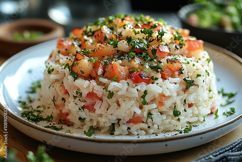 A plate of rice topped with vegetables and parsley