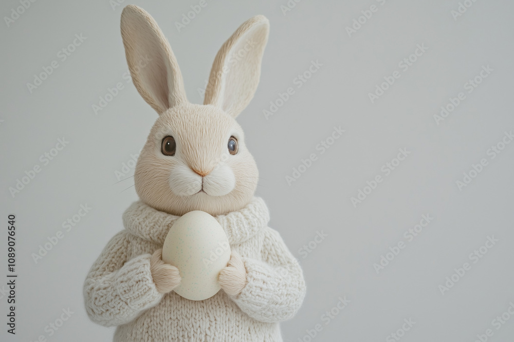 Obraz premium A Easter bunny holding an Easter egg, isolated on a white background, in a simple style. 