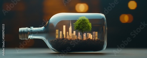 A miniature cityscape within a glass bottle, symbolizing nature and urban life coexisting harmoniously.