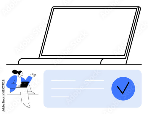 Woman sitting with a laptop next to a large computer screen and a blue check mark. Ideal for tech support, online learning, remote work, digital validation, software development, design reviews