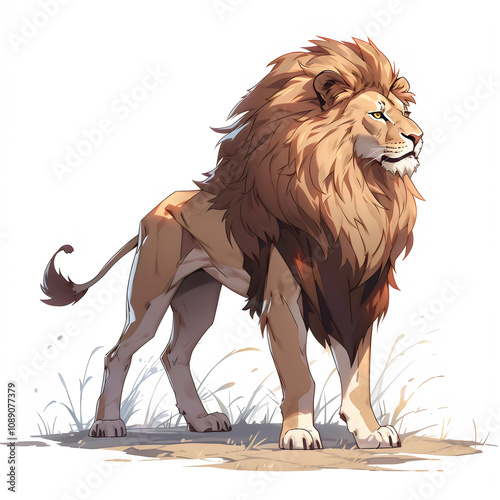 Illustration of a lion standing, isolated on a white background, design art, clip art image, Graphic logo, drawing clip art, Illustration painting, lion cartoon image photo