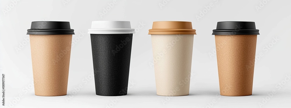 Takeaway coffee cup mockup with transparent background. 3d illustration set of realistic white, black, and brown takeaway mug mockups for hot drinks.