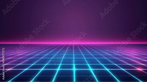 Futuristic Neon Grid Landscape with Purple and Pink Lighting in a Digital Space for Background and Design Projects