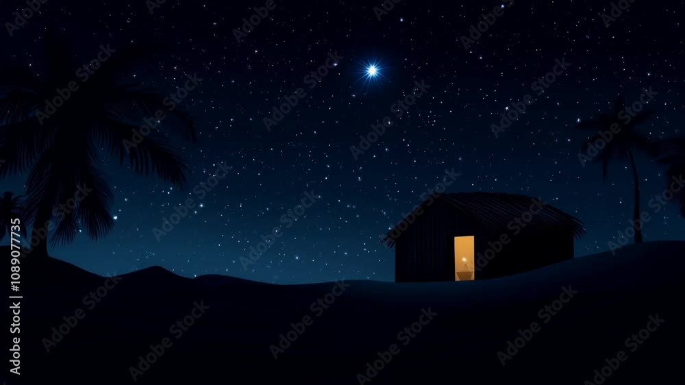 Silhouette of a desert stable against a starry sky with a bright comet in the nativity scene