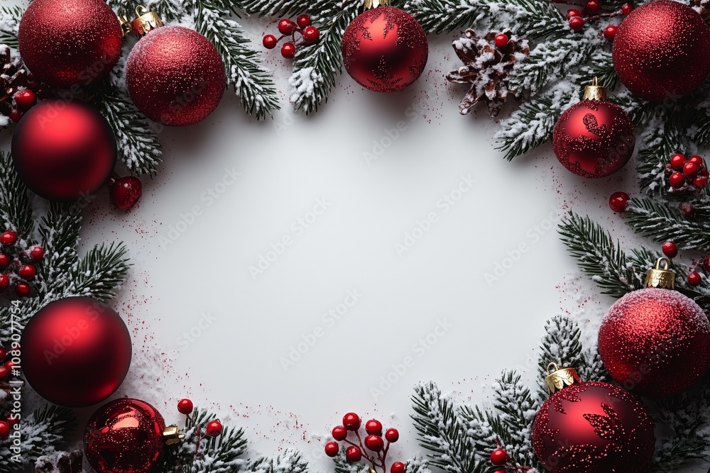 A white, blank frame with red Christmas ornaments and snow, a Christmas card template A white, blank frame with red Christmas ornaments and snow, a Christmas card template