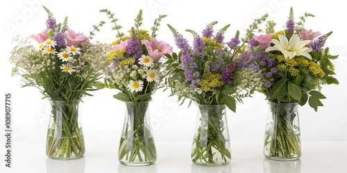 Four identical glass vases filled with a variety of fragrant wildflowers and greenery creating a lush atmosphere, garden decor, home furnishings, floral displays