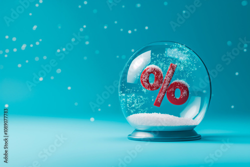 glass snow globe with red 3d percent sign inside, christmas sale banner