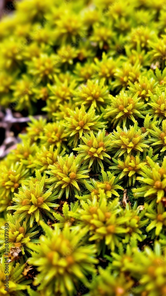 Close-up view of vibrant yellow moss flourishing in a damp forest environment during the day