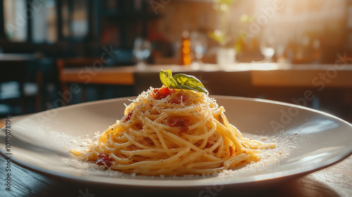 Photograph of spaghetti carbonara on a plate, set against a wooden background,  photo