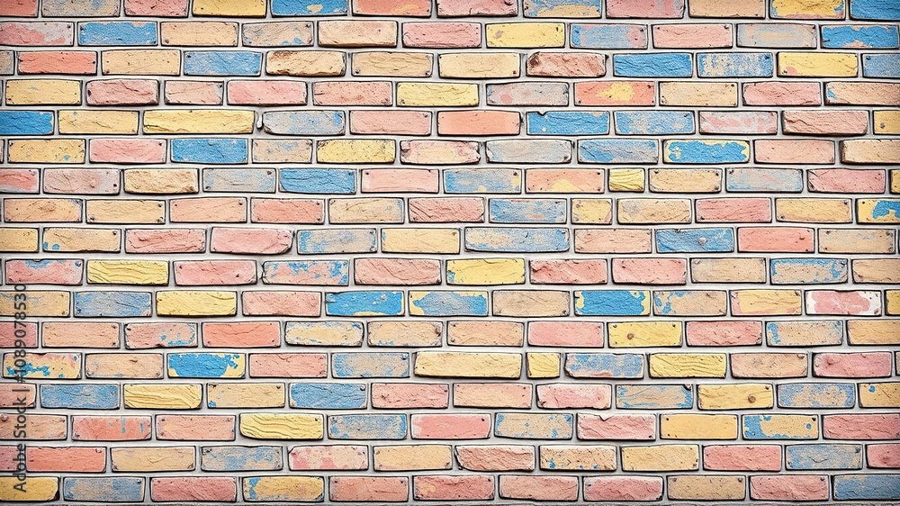 Obraz premium Colorful brick wall with a mix of red, yellow, blue and green hues, brick wall colorful pattern, house exterior, color block