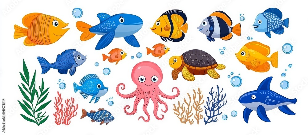 Sea life under the sea. Cartoon illustration of ocean animals and fish. Undersea scenery featuring an octopus, turtle, and different types of fish. Sea life under the sea. Cartoon illustration of ocean animals and fish. Undersea scenery featuring an octopus, turtle, and different types of fish.
