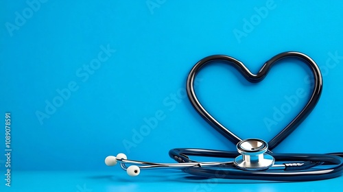 Stethoscope in Heart Shape on Bright Blue Background - Medical Care Concept photo