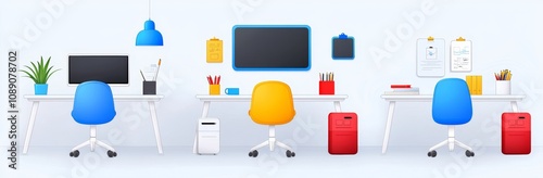 A modern office interior with office furniture, computers, and task notes on a blackboard. A cartoon illustration of an empty cabinet with furniture, computers, and task notes on a blackboard.