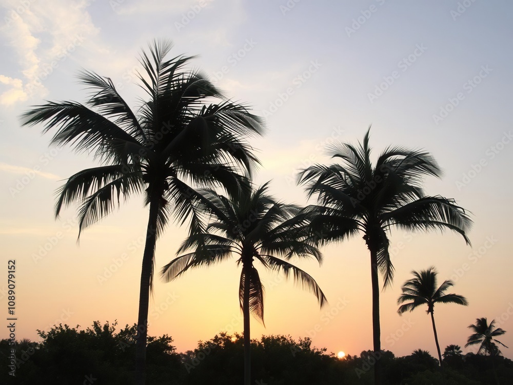 Obraz premium Gentle breeze rustles palm trees as sunset casts golden glow, gentle movement, soft focus