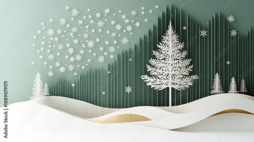 Fototapeta premium abstract background made from paper cut. paper layer shape are snowflakes, snowman, larch tree and snow, snowflakes with snow mountain in background,