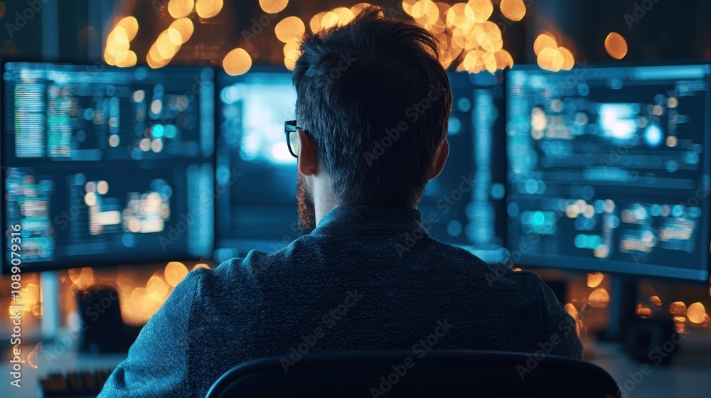 A person is focused on multiple computer screens displaying data, with a cozy, illuminated background creating a tech-savvy atmosphere.